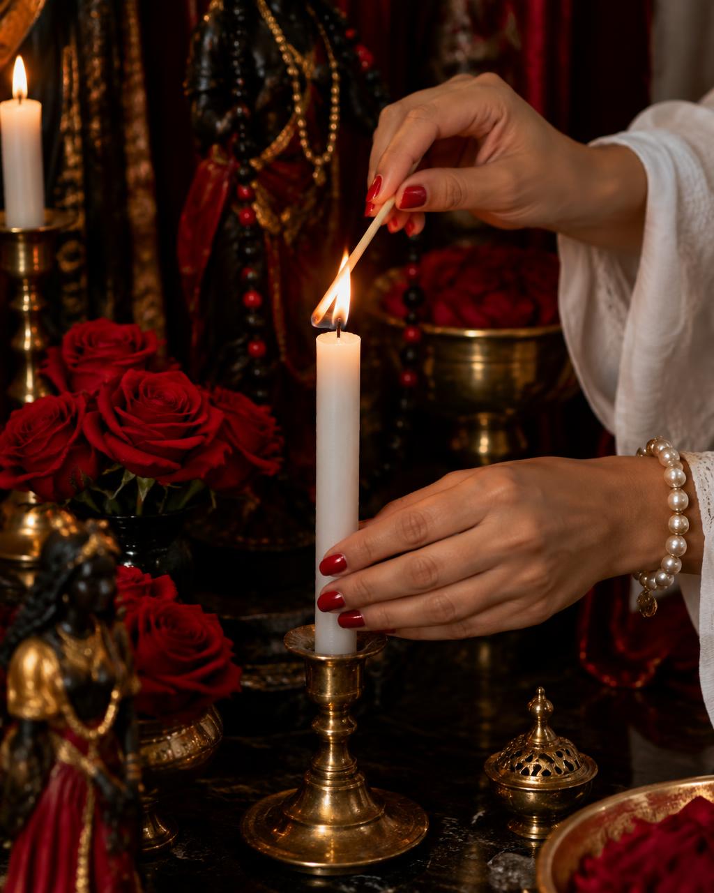 Imagem ilustrativa de mãos acendendo uma vela em altar espiritual