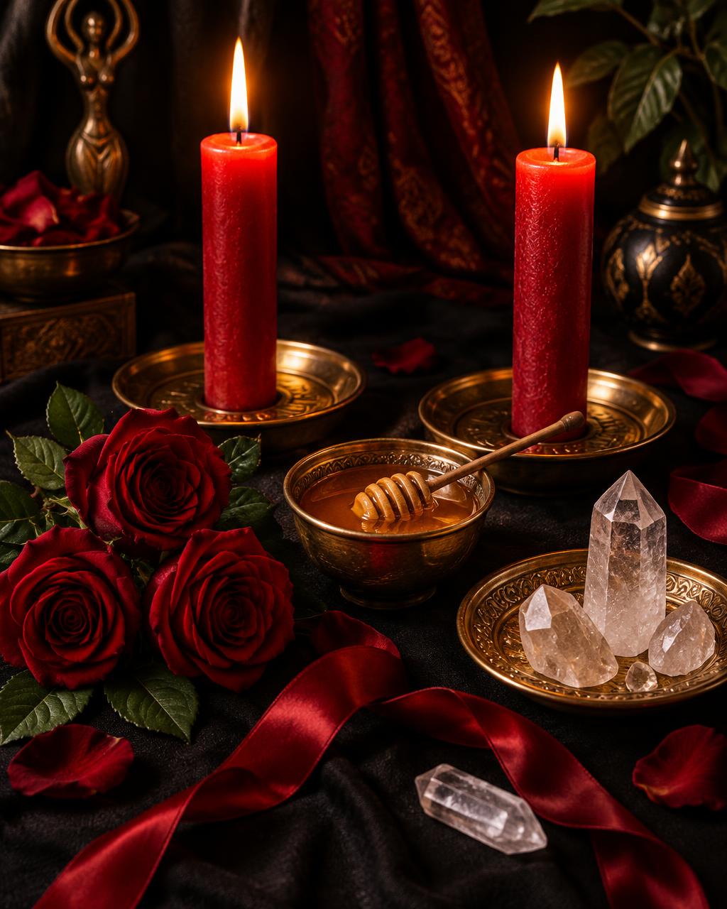 Altar preparado com velas, rosas e oferendas